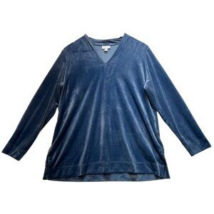 J.Jill Pure Jill Women's V Neck Velour Tunic Top Long Sleeve Size L Blue Stretch